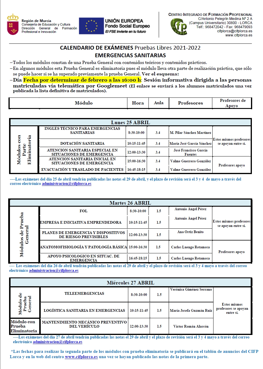 Calendario Exámenes Pruebas Libres 2022